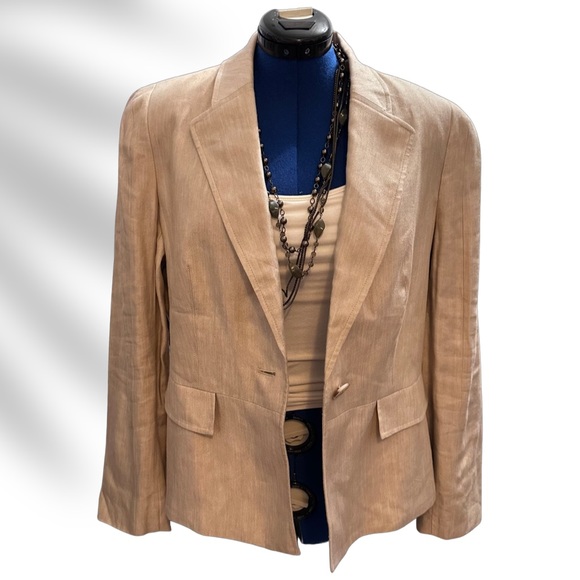 Jackets & Blazers - Linen Blazer Jones New York Collection Tan Neutral Longline Lined Double Pocket